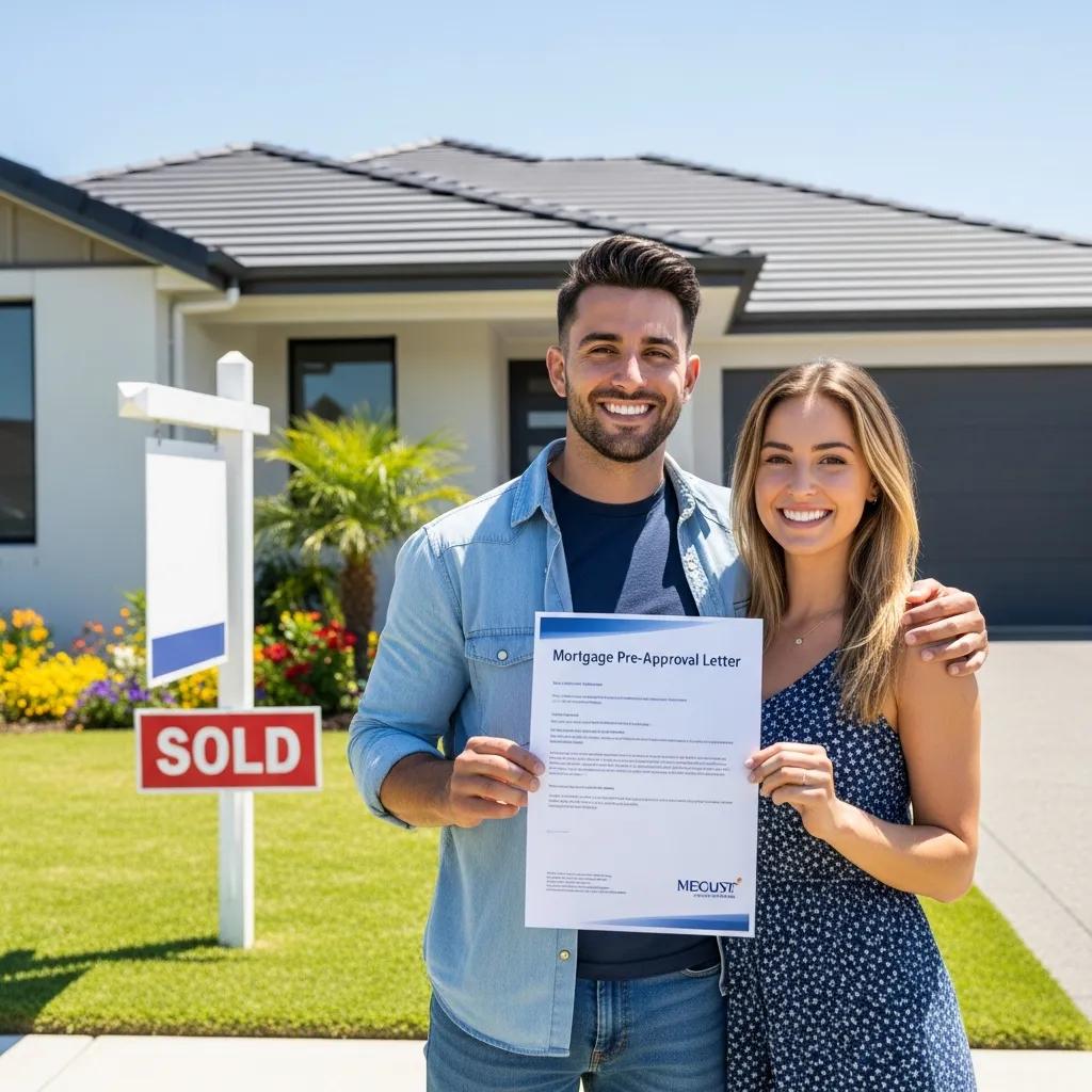 Happy couple celebrating mortgage pre-approval in front of their new home