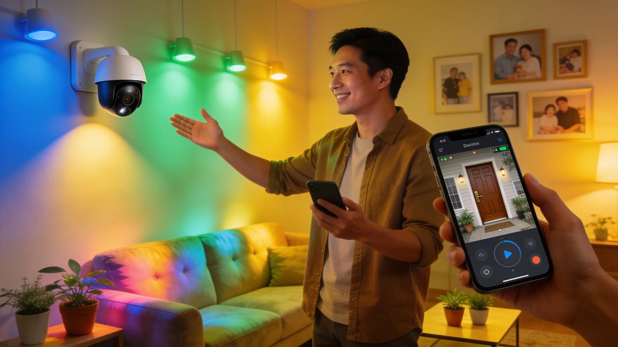 Homeowner using smart lighting and security systems in a personalized living room