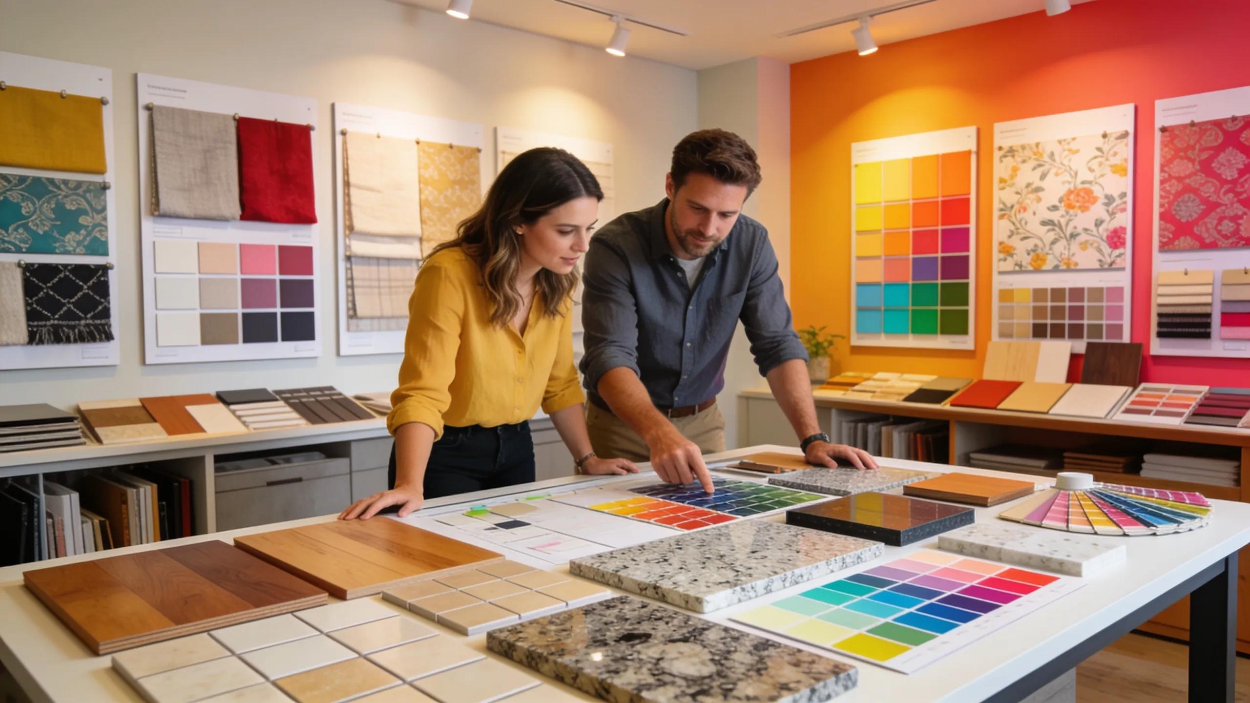 Homebuyers exploring customization options with design materials and samples for their new custom home