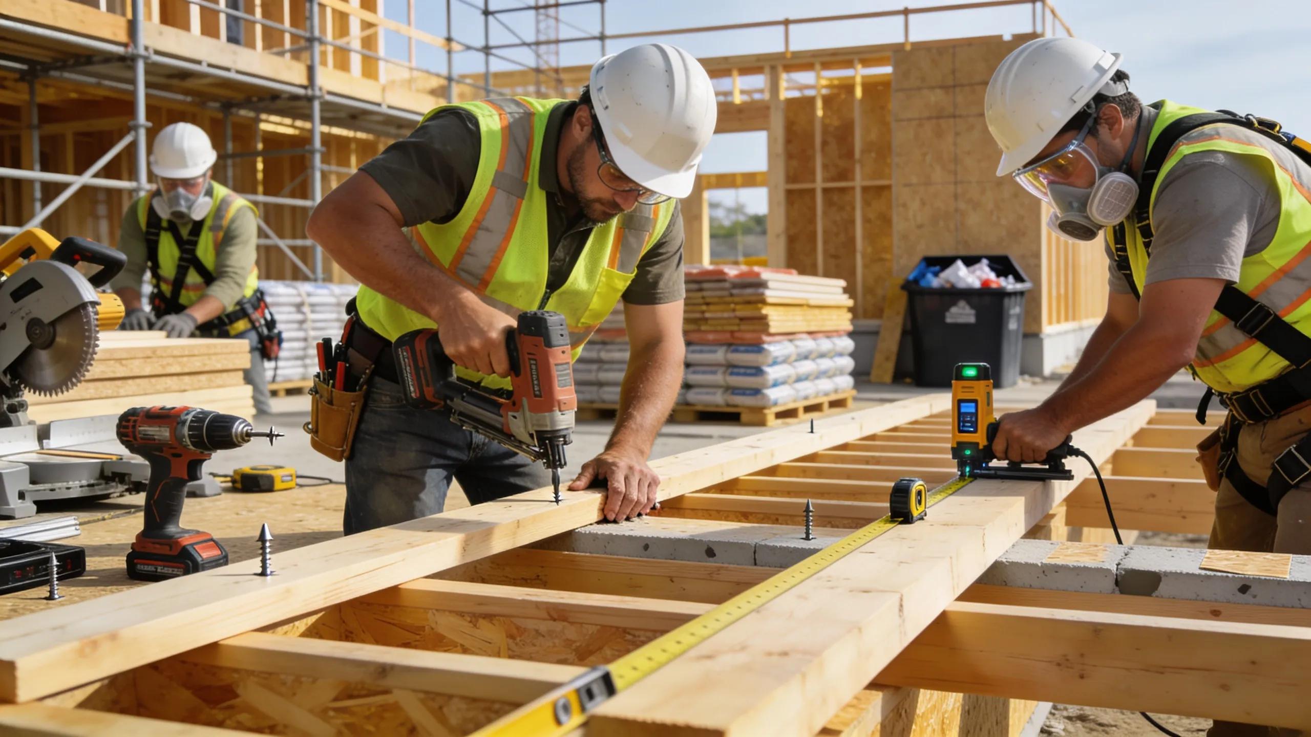 Craftsmen engaged in the construction of a custom home, highlighting quality building standards and materials