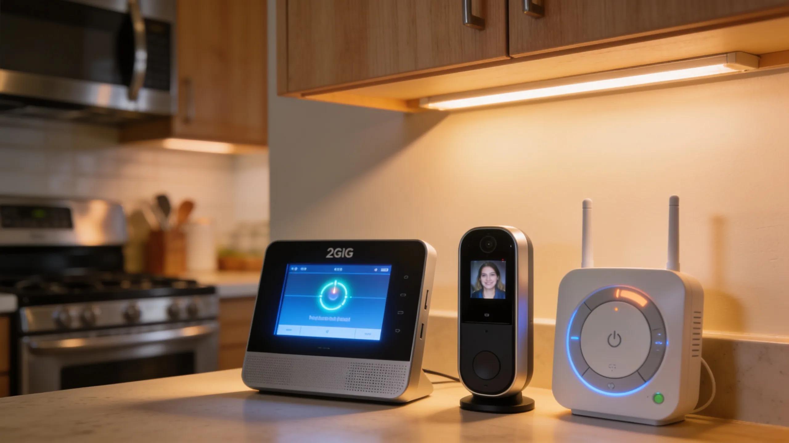 Close-up of smart home features including the 2GIG Edge Panel Hub, video doorbell, and Wi-Fi thermostat